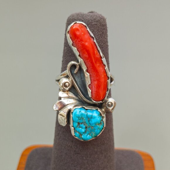 Vintage Sterling Silver Turquoise & Coral Ring – Navajo-Style Split Shank - Picture 6 of 11